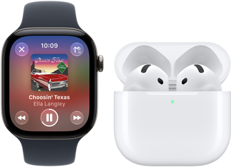 Apple Watch Series 12, alüminyum kasa, siyah renk, siyah Spor Kordon, Apple Music uygulaması açık, AirPods 4 ile eşleştirilmiş