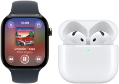 Apple Watch Series 12, alüminyum kasa, siyah renk, siyah Spor Kordon, Apple Music uygulaması açık, AirPods 4 ile eşleştirilmiş