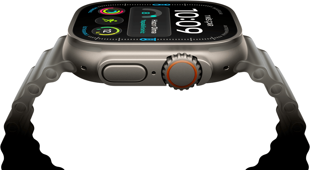 Apple Watch Ultra 4, titanyum kasa, natürel renk, dijital saat kadranı, komplikasyonlar: hazır olma, kalp atış hızı, Antrenmanlar, sıcaklık, sağ dış görünüm, Digital Crown, çıkıntılı yan düğme, Ocean Kordon, buzlu gri renk