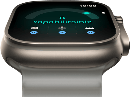 Apple Watch Ultra 4, titanyum kasa, natürel renk, hazır olma skoru 8, sağ dış görünüm, Digital Crown, çıkıntılı yan düğme, Ocean Kordon, buzlu gri renk