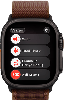 Apple Watch Ultra 4, titanyum kasa, siyah renk, uydu bağlantısı, sağ dış görünüm, Digital Crown, çıkıntılı yan düğme, Alpine Loop kordon, burgonya renk