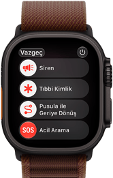 Apple Watch Ultra 4, titanyum kasa, siyah renk, uydu bağlantısı, sağ dış görünüm, Digital Crown, çıkıntılı yan düğme, Alpine Loop kordon, burgonya renk