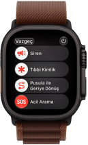 Apple Watch Ultra 4, titanyum kasa, siyah renk, uydu bağlantısı, sağ dış görünüm, Digital Crown, çıkıntılı yan düğme, Alpine Loop kordon, burgonya renk