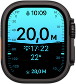 Apple Watch Ultra 4, titanyum kasa, siyah renk, dalış ölçümlerini gösteren Derinlik uygulaması, sağ dış görünüm, Digital Crown, çıkıntılı yan düğme