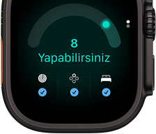Apple Watch Ultra 4, titanyum kasa, siyah renk, hazır olma skoru 8, sağ dış görünüm, Digital Crown, çıkıntılı yan düğme