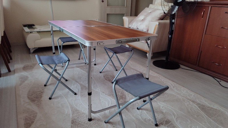 Uniqamping Çanta Tipi 4 Tabureli Katlanır Kamp Masa Seti - Ahşap Desen