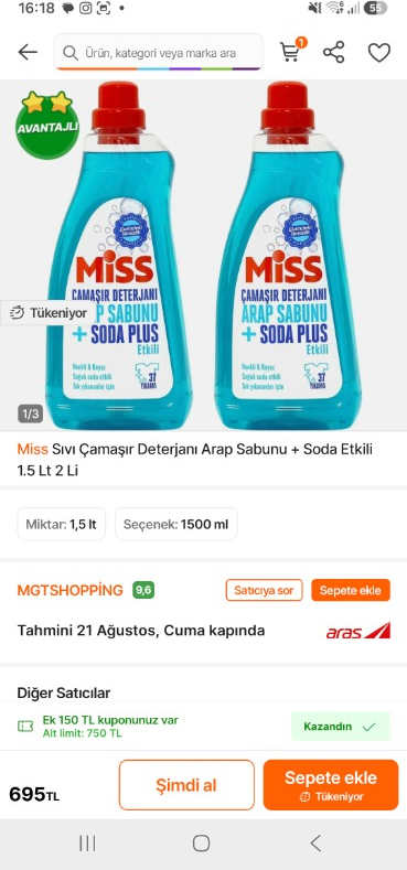 Miss Çamaşır Deterjanı Arap Sabunu + Soda Plus Etkili
