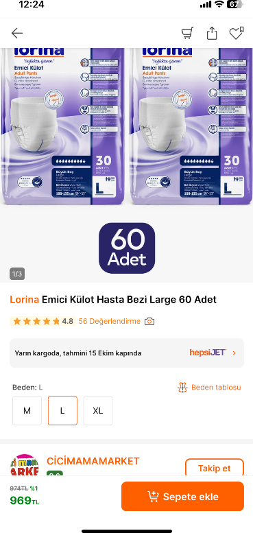 Lorina Emici Külot Hasta Bezi Large 60 Adet