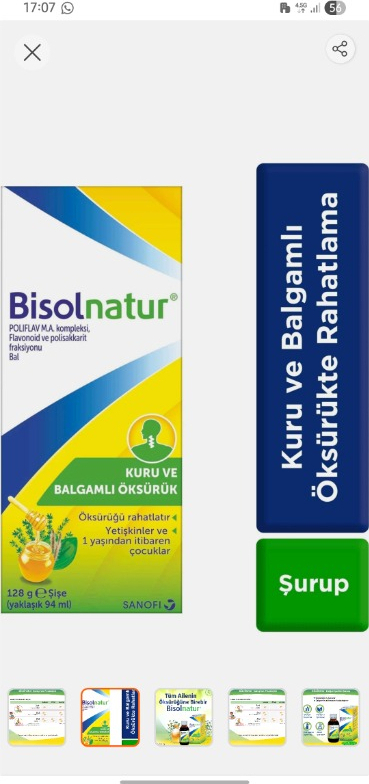 Bisolnatur 128 gr Şurup Türkiye Menşeli Yetişkinler ve Çocuklar İçin Öksürüğü Rahatlatan Aromalı