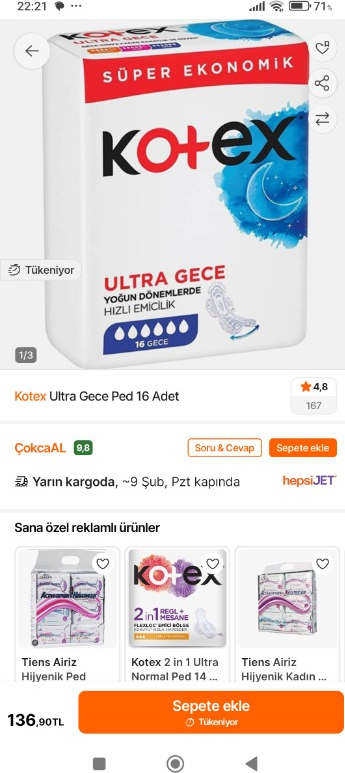 Kotex Ultra Gece Ped 16 Adet