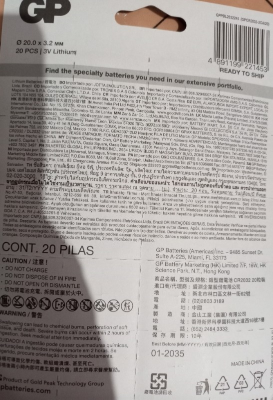 Gp CR2032 Lityum 3V Düğme Pil 5 Blister 20 Kart 100'lü