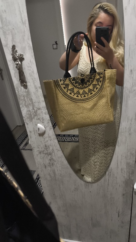 Gnc Design Kadın Hasır Etnik Desenli Askılı Astarlı Plaj Çantası