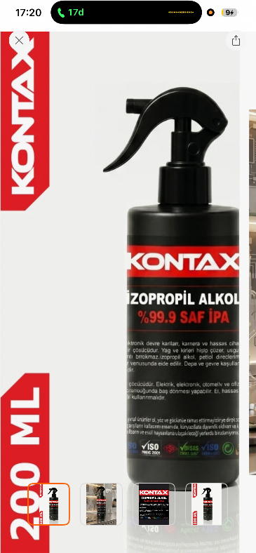Kontax %99,9 Saf İpa İzopropil Alkol 200 ml Hassas Yüzeyler İçin Kalıntı Bırakmayan Temizlik