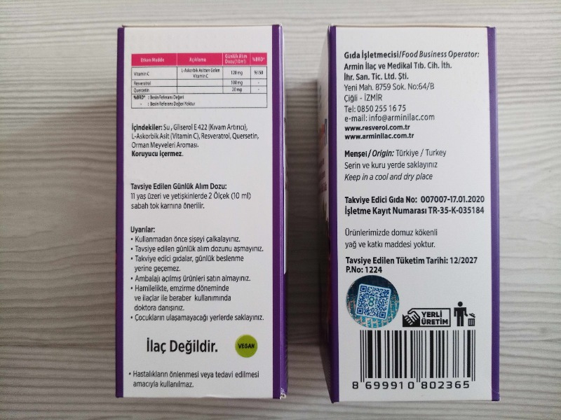 Armin Resverol Resveratrol ve Quercetin İçeren Sıvı Takviye Edici Gıda 150 ml