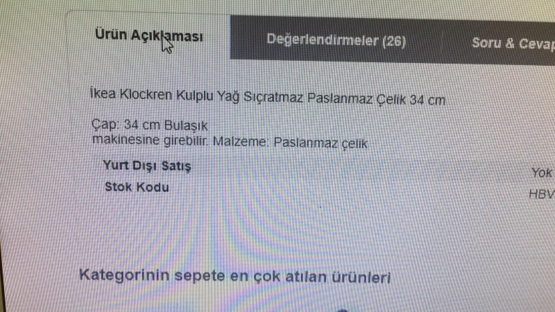 Ikea Klockren Kulplu Yağ Sıçratmaz Paslanmaz Çelik 34 Cm.