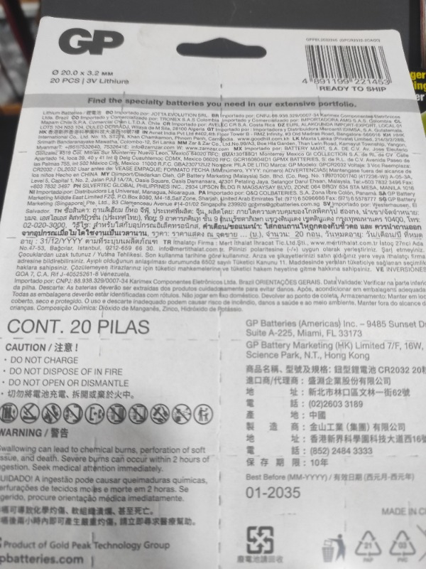 Gp CR2032 Lityum 3V Düğme Pil 5 Blister 20 Kart 100'lü