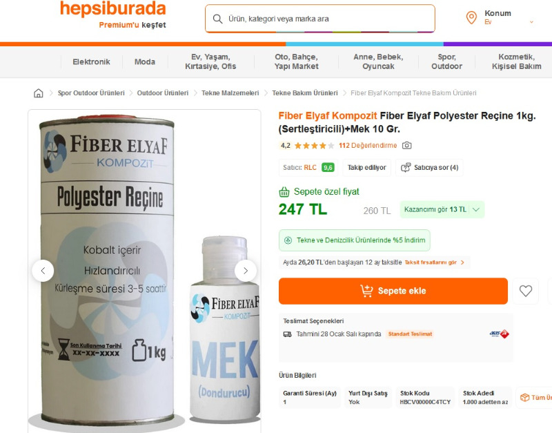 Fiber Elyaf Kompozit Fiber Elyaf Polyester Reçine 1kg. (Sertleştiricili)+Mek 10 Gr.