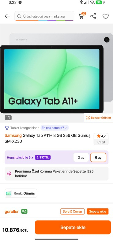 Samsung Galaxy Tab A11+ 8 GB 256 GB Gümüş SM-X230