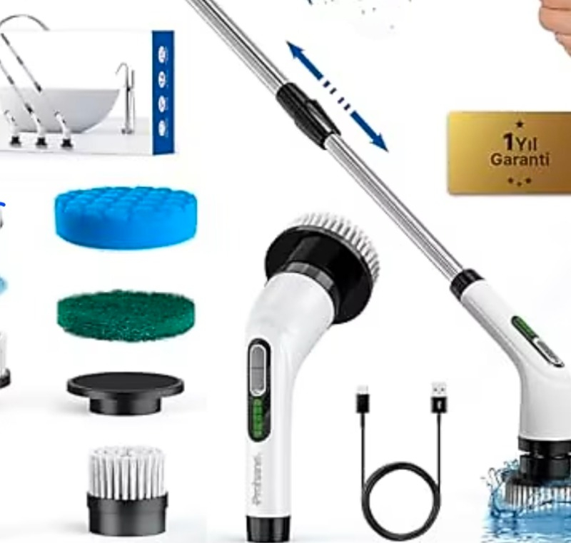 Prohane Şarjlı Ve Elektrikli Temizlik Fırçası | Turbo Dönüş Teknolojisi | IPX7 Su Geçirmez | 7 Başlık Dahil | Mutfak, Banyo
