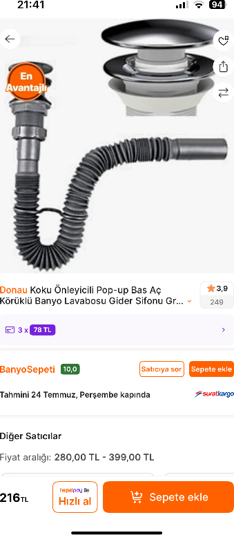 Donau Koku Önleyicili Pop-up Bas Aç Körüklü Banyo Lavabosu Gider Sifonu Gri Renk