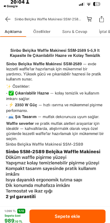 Sinbo Belçika Waffle Makinesi SSM-2589 5-5,9 lt Kapasite ile Çıkarılabilir Hazne ve Kolay Temizlik