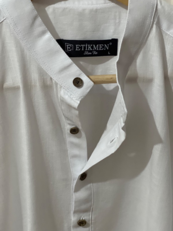 Etikmen Beyaz Hakim Yaka Üç Düğmeli Slimfit Keten Gömlek