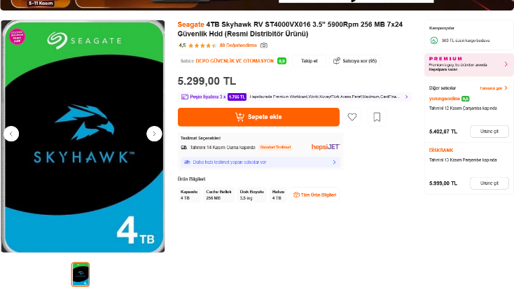 Seagate 4TB Skyhawk RV ST4000VX016 3.5" 5900Rpm 256 MB 7x24 Güvenlik Hdd (Resmi Distribitör Ürünü)