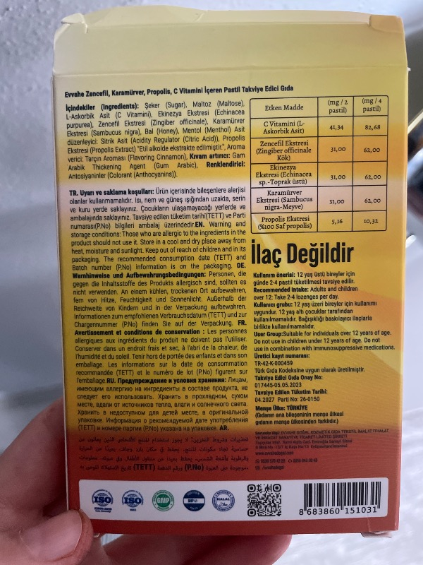 Evvahe Doğal evvahe Zencefil Karamürver Propolis C Vitamini İçeren Pastil 12 Adet Takviye Edici Gıda