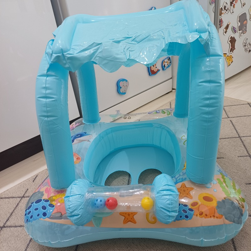 Float Gölgelikli Bebek Simidi Mavi - Beyaz Renkli 0 - 24 Ay İçin Güvenli Yüzme Yardımcısı