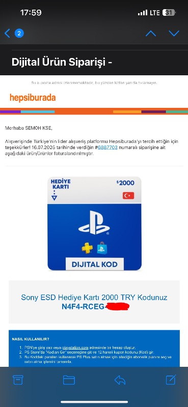 Sony Play Station Store 2000 Tl Hediye Kartı