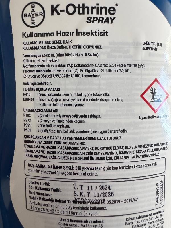 Bayer K-Othrine Al Sprey Genel Haşere Temizleyici 2 x 1 lt