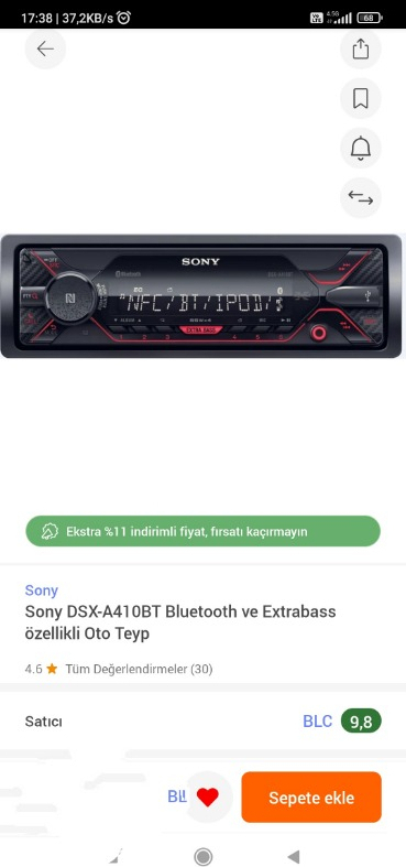Sony DSX-A410BT Bluetooth ve Extrabass özellikli Oto Teyp