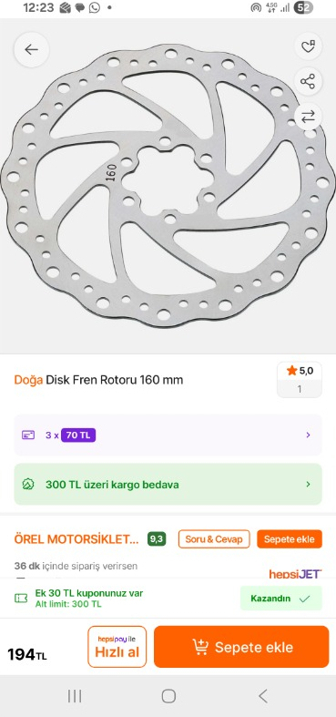 KNT Bisiklet Disk Fren Rotor 160 mm 6 Vidalı
