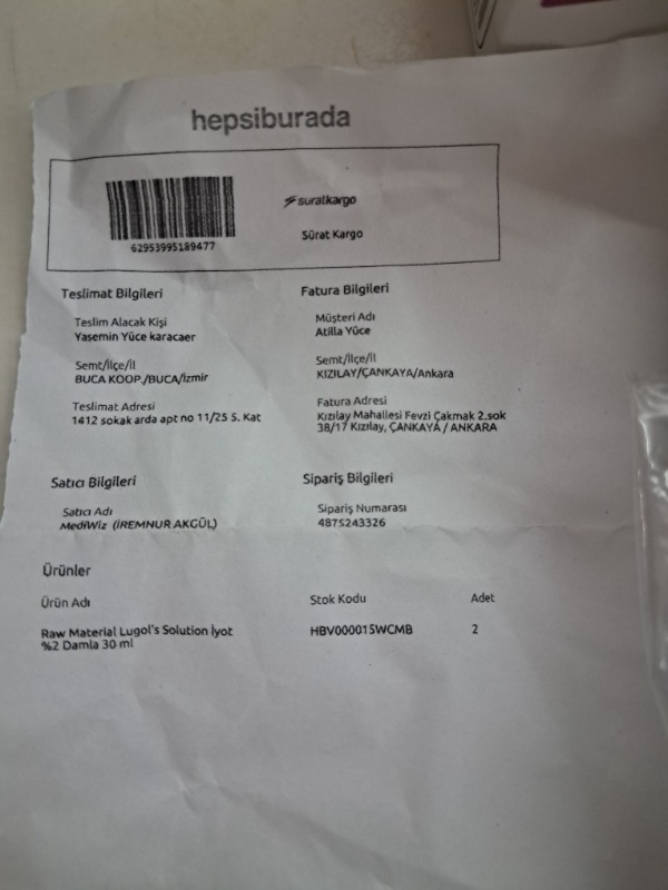 Raw Material Lugol's Solution İyot %2 Damla 30 ml