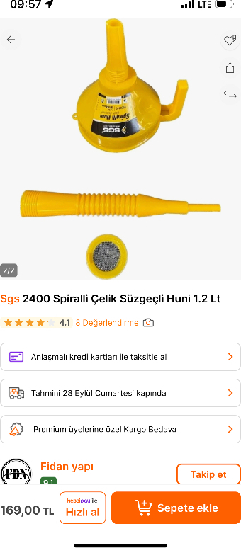 Sgs 2400 Spiralli Çelik Süzgeçli Huni 1.2 Lt