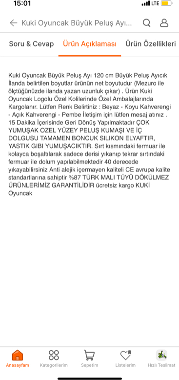 Kuki Oyuncak Büyük Peluş Ayı 120 cm