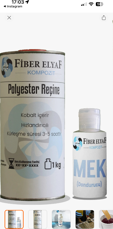 Fiber Elyaf Kompozit Fiber Elyaf Polyester Reçine 1kg. (Sertleştiricili)+Mek 10 Gr.