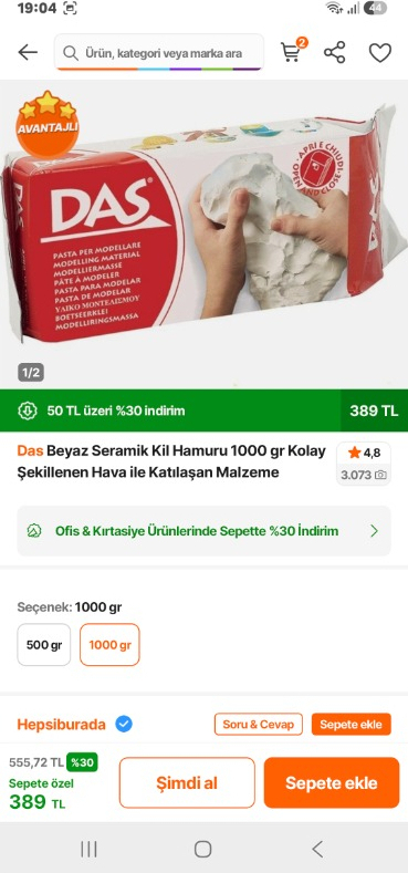 Das Beyaz Seramik Kil Hamuru 1000 gr Kolay Şekillenen Hava ile Katılaşan Malzeme
