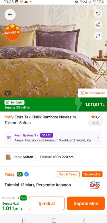 Puffy Elora Tek Kişilik Ranforce Nevresim Takımı - Safran