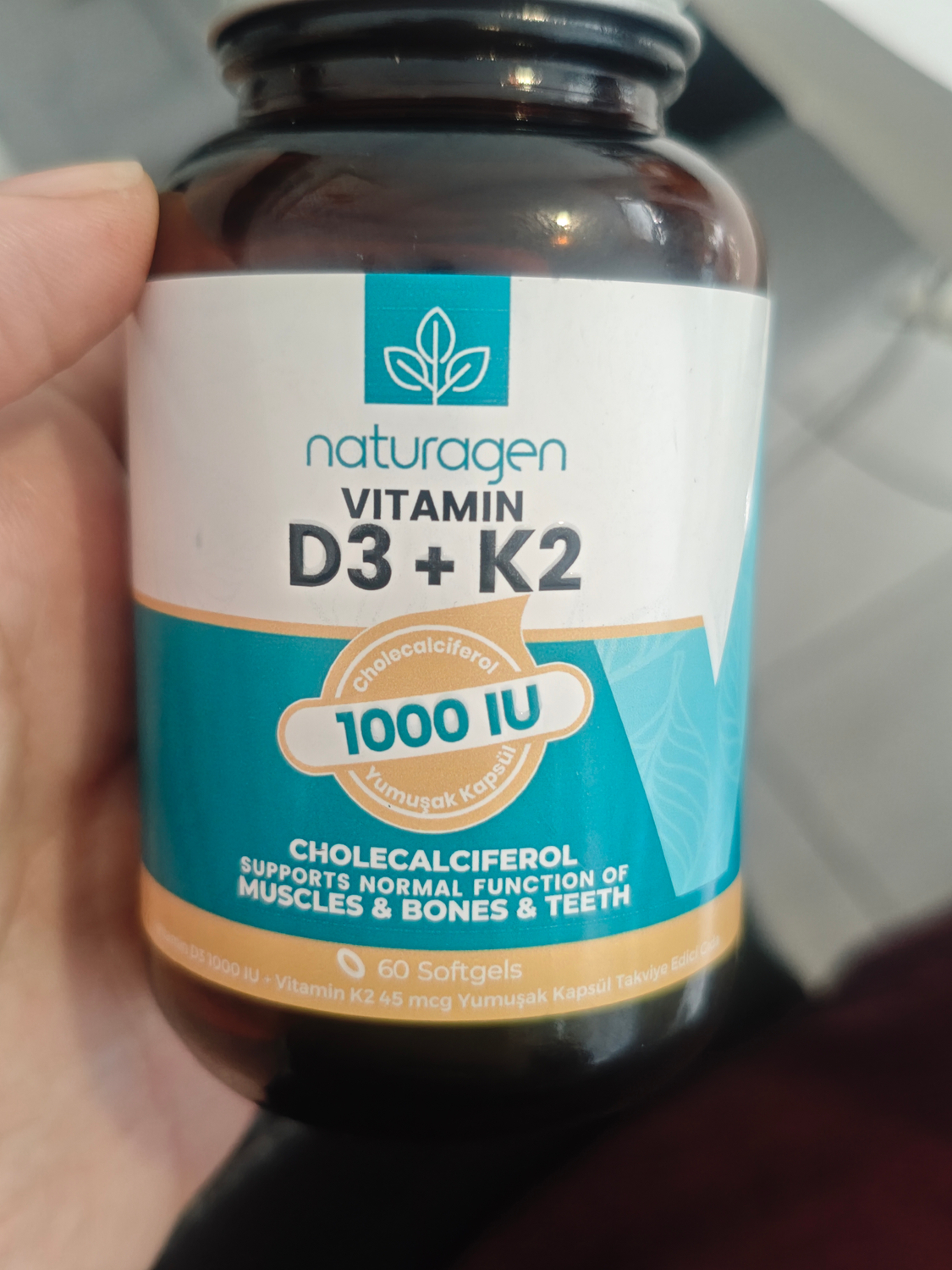 Naturagen Vitamin D3 + K2 1000 IU 60 Softgel Kapsül Gluten Free TR Menşeli Takviye Edici Gıda