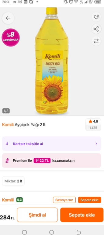 Komili Ayçiçek Yağı 2 lt