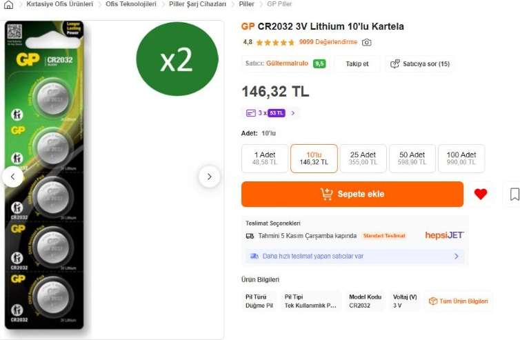 Gp CR2032 3V Lithium 10'lu Kartela