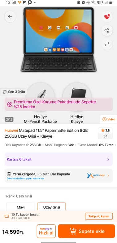 Huawei Matepad 11.5" Papermatte Edition 8GB 256GB Uzay Grisi + Klavye
