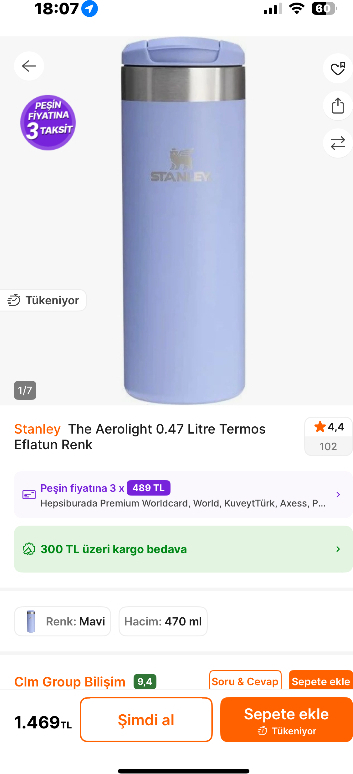 Stanley  The Aerolight 0.47 Litre Termos Eflatun Renk