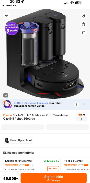 Dyson Spot+Scrub™ Ai Islak ve Kuru Temizleme Özellikli Robot Süpürge