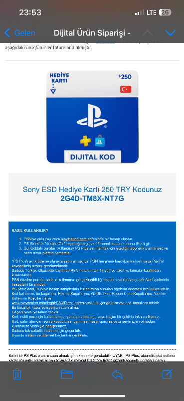 Sony Play Station Store 250 Tl Hediye Kartı