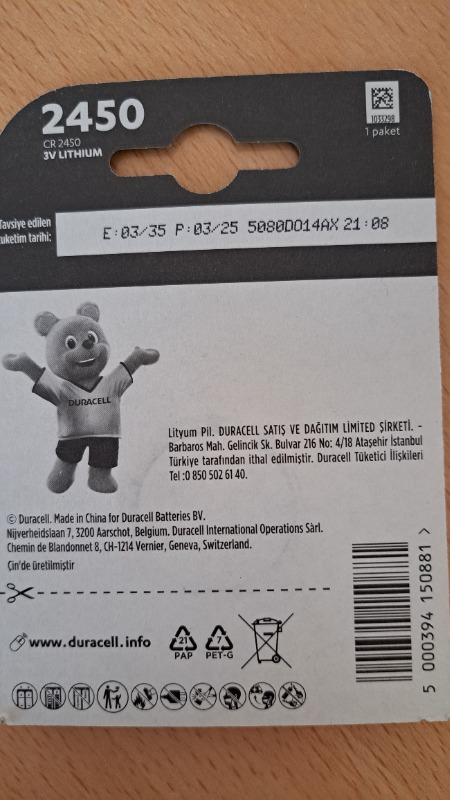 DURACELL 2450 (1’li Paket) Lityum Düğme Piller 3V