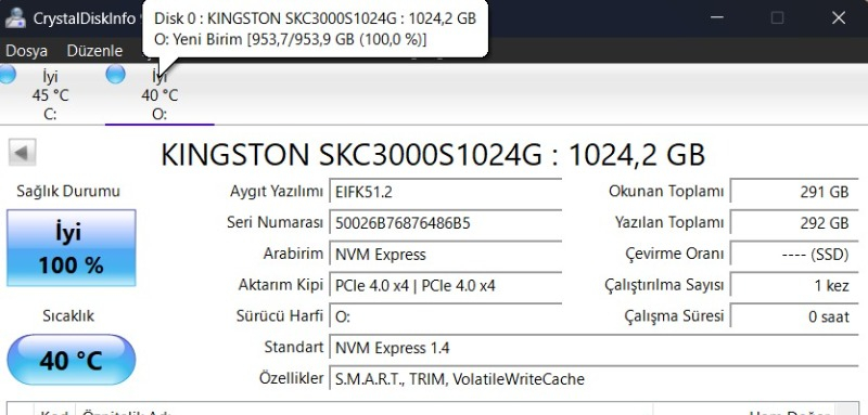 Kingston 1TB KC3000 NVMe Okuma 7000MB-Yazma 6000MB M.2 SSD (SKC3000S/1024G)