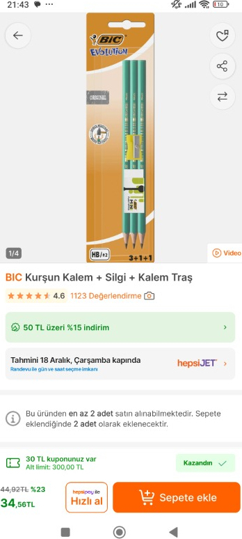 BIC Kurşun Kalem + Silgi + Kalem Traş