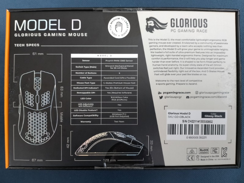 Glorious Model D Kablolu Parlak Siyah RGB Oyuncu Mouse 69Gr